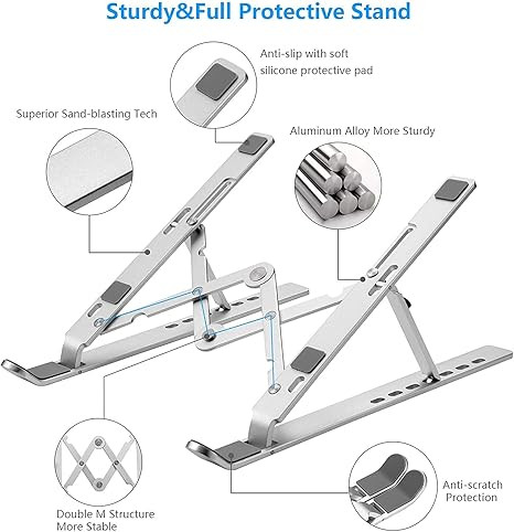 حامل لابتوب ألومنيوم قابل للطي(مقاس 10‑15.6 إنش) Adjustable Aluminum Laptop Stand – 10‑15.6″ Foldable - الصورة 3