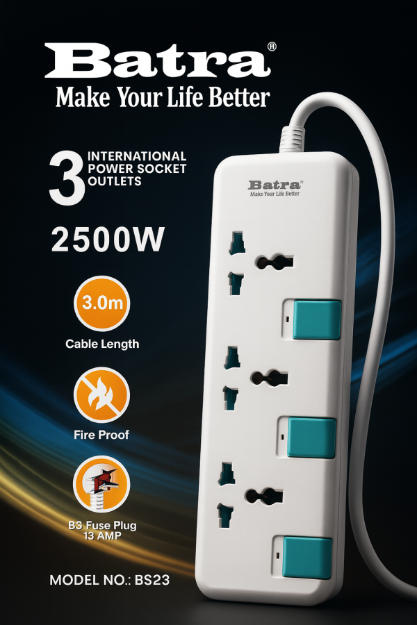 سيار كهربائي متعدد المخارج من Batra - 3 مخارج طول 3 متر Batra International Power Strip – Model BS23 3m - الصورة 3