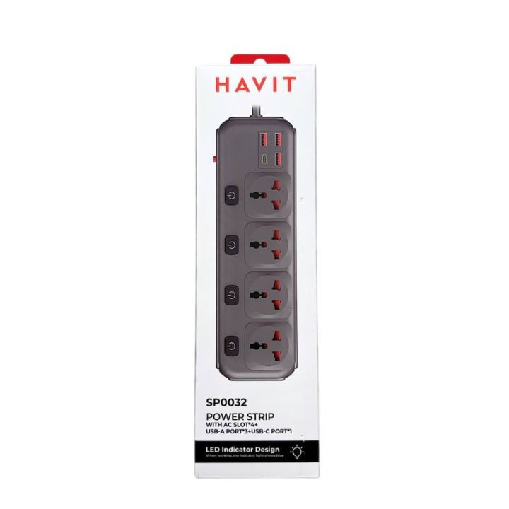 فيش كهرباء هافيت SP0032 مع مداخل USB وType-C Havit Power Strip SP0032 – 4 AC Slots + 3 USB-A + 1 USB-C (EU Plug)