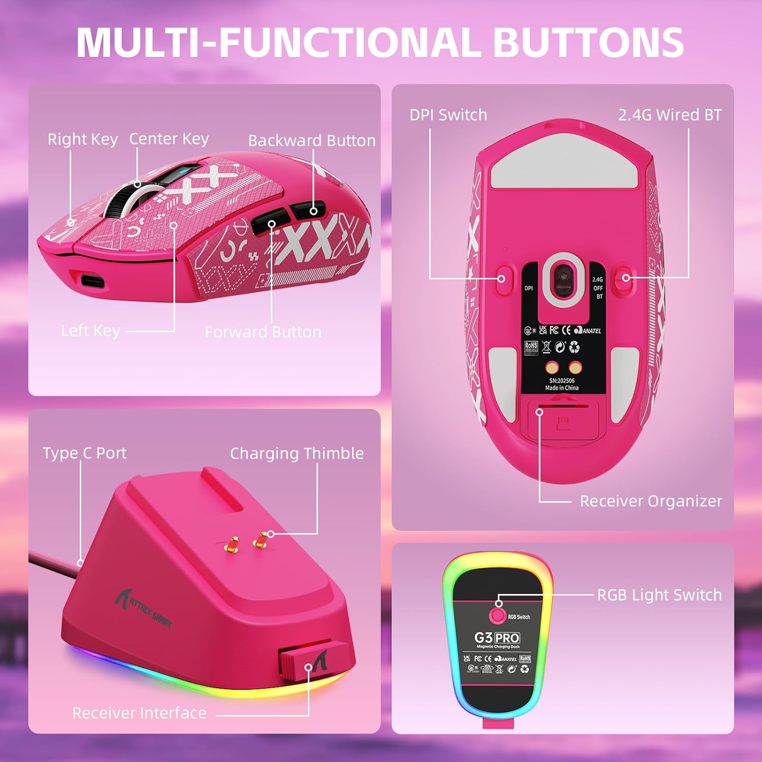 ATTACK SHARK G3 PRO BERRY RED MOUSE WIRED-2.4G-BT - الصورة 2