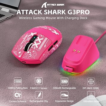 ATTACK SHARK G3 PRO BERRY RED MOUSE WIRED-2.4G-BT - الصورة 4