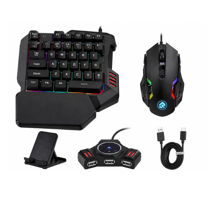 طقم ألعاب موبايل 5 في 1 كيبورد وماوس مع محول5-in-1 Mobile Gaming Combo Pack – Keyboard, Mouse & Converter