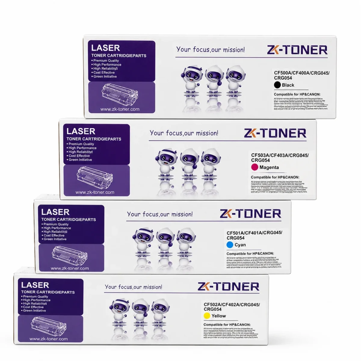 ZK-TONER , CRG-045/CRG-054 Commercial Compatible Toner Cartridge 4-Pack – Black, Cyan, Yellow & Magenta for Selected HP and Canon Color Laser Printers